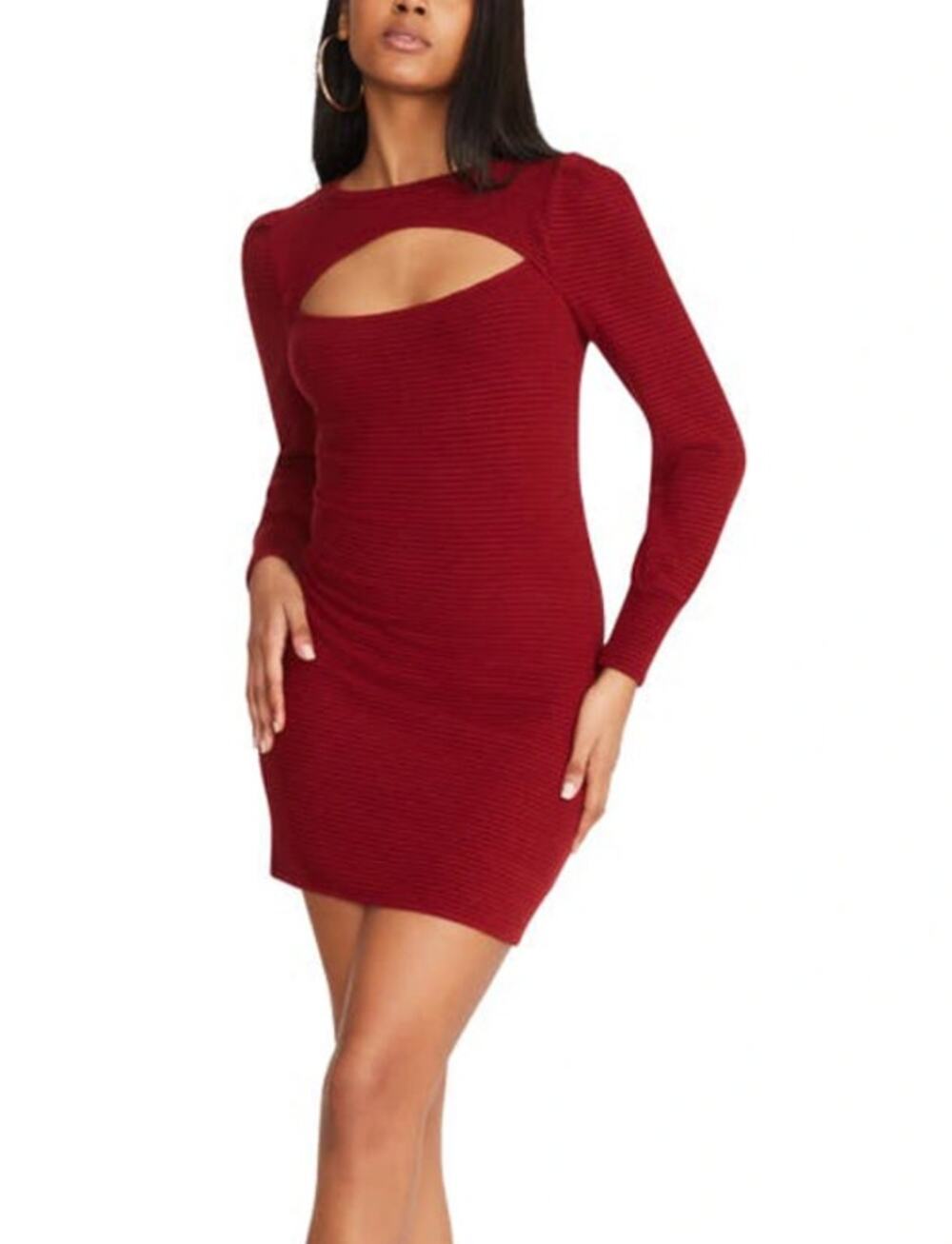 BB Dakota Steve Madden Long Sleeve Ribbed Mini Sweater Dress Red Cutout Size S
